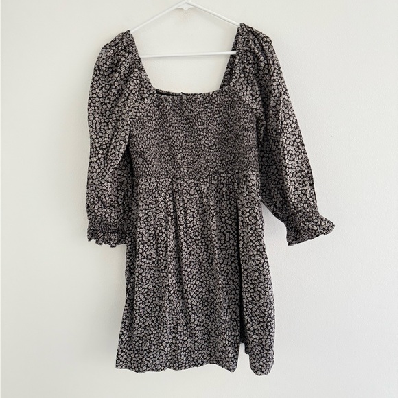 Madewell Lucie Black Floral Long Sleeve Smocked Mini Dress Large - Picture 2 of 7